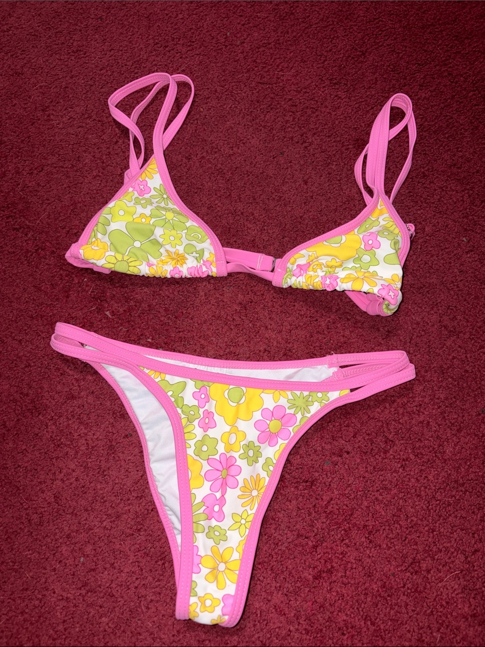 NEVER WORN Princess Polly Floral Pink Trim Triangle Bikini Set